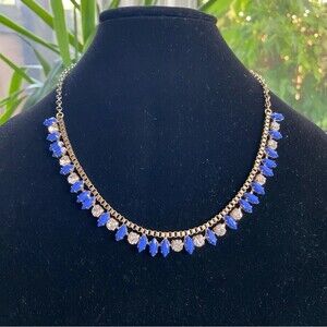 J. Crew Gold Tone Blue and Clear Rhinestone Necklace